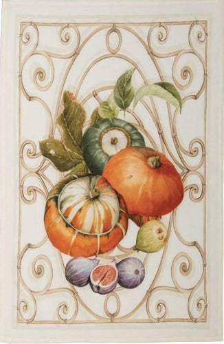Italian linen tea towel with traditional design of pumpkins and figs 