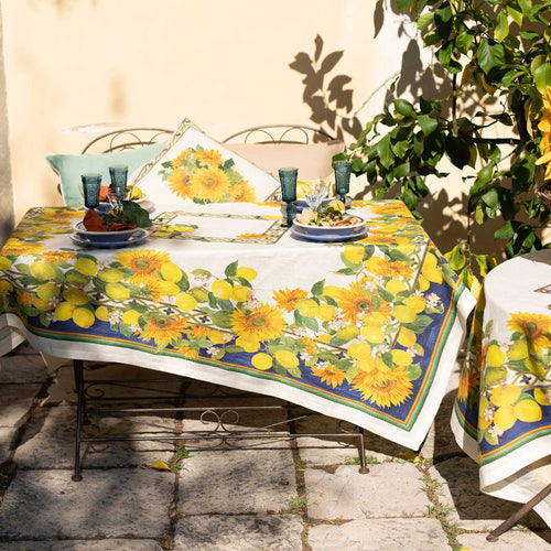Vivid yellow and blue linen tablecloth 