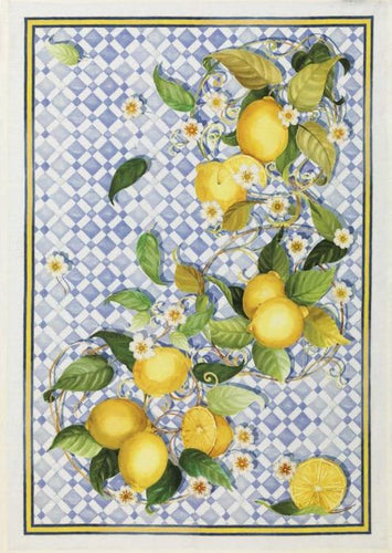 Italian linen tea towel with lemons and blue pattern 