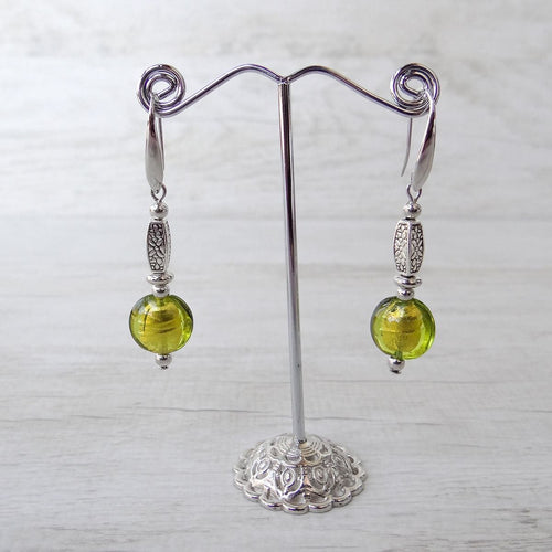 Venetian Glass earrings with green glass beads 